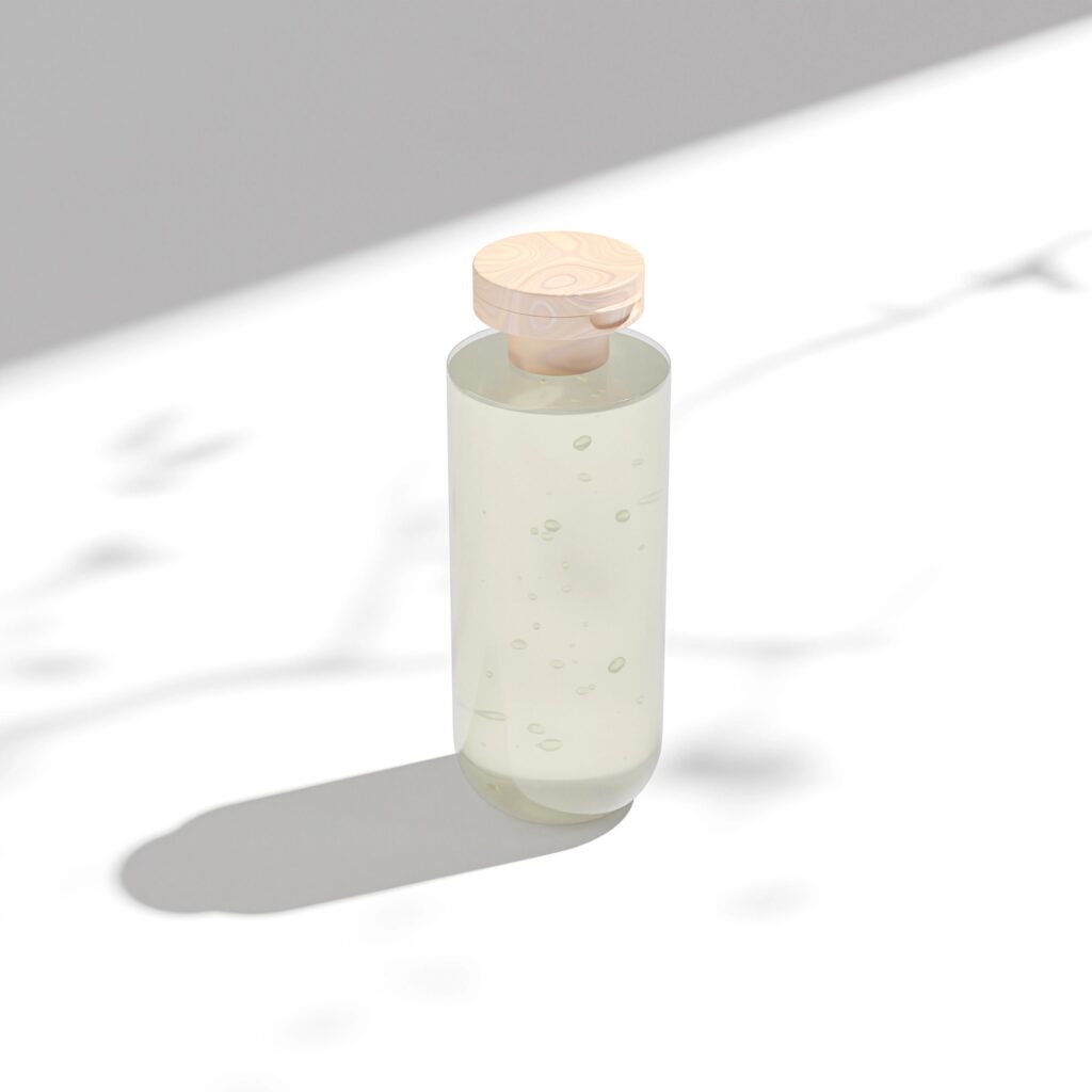 translucent cosmetic plastic bottle with flipcap mockup, modern liquid skincare and cosmetic container, round shape lotion sqeeze bottle with wooden flat flip cap, personal care product packaging