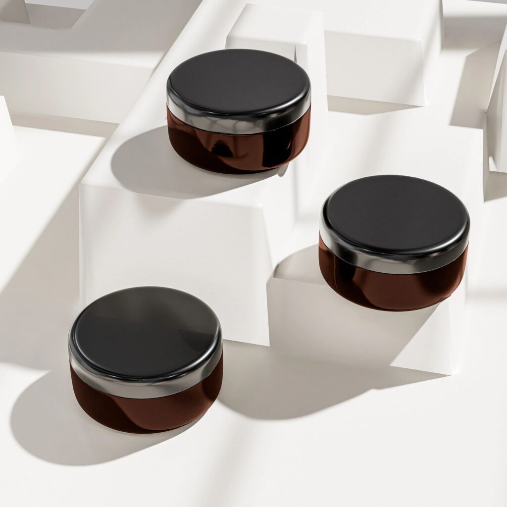 amber plastic Cream jar mockup, brown PET skincare cylindrical Container with black lid, luxury bath and body product Packaging, wide mouth cosmetic facial mask product, body lotion pod mockup